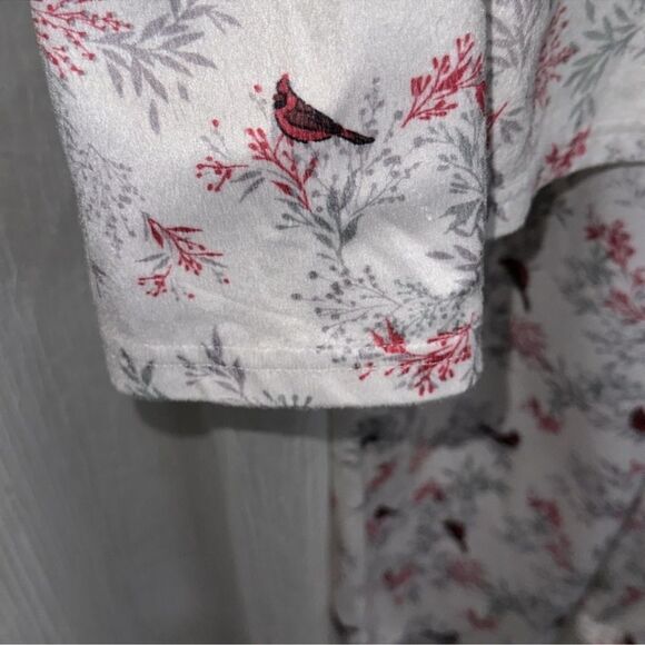 Adonna MT White Red Gray Winter Bird Print Fleece Long Sleeve Top Pants PJ Set - Picture 4 of 10